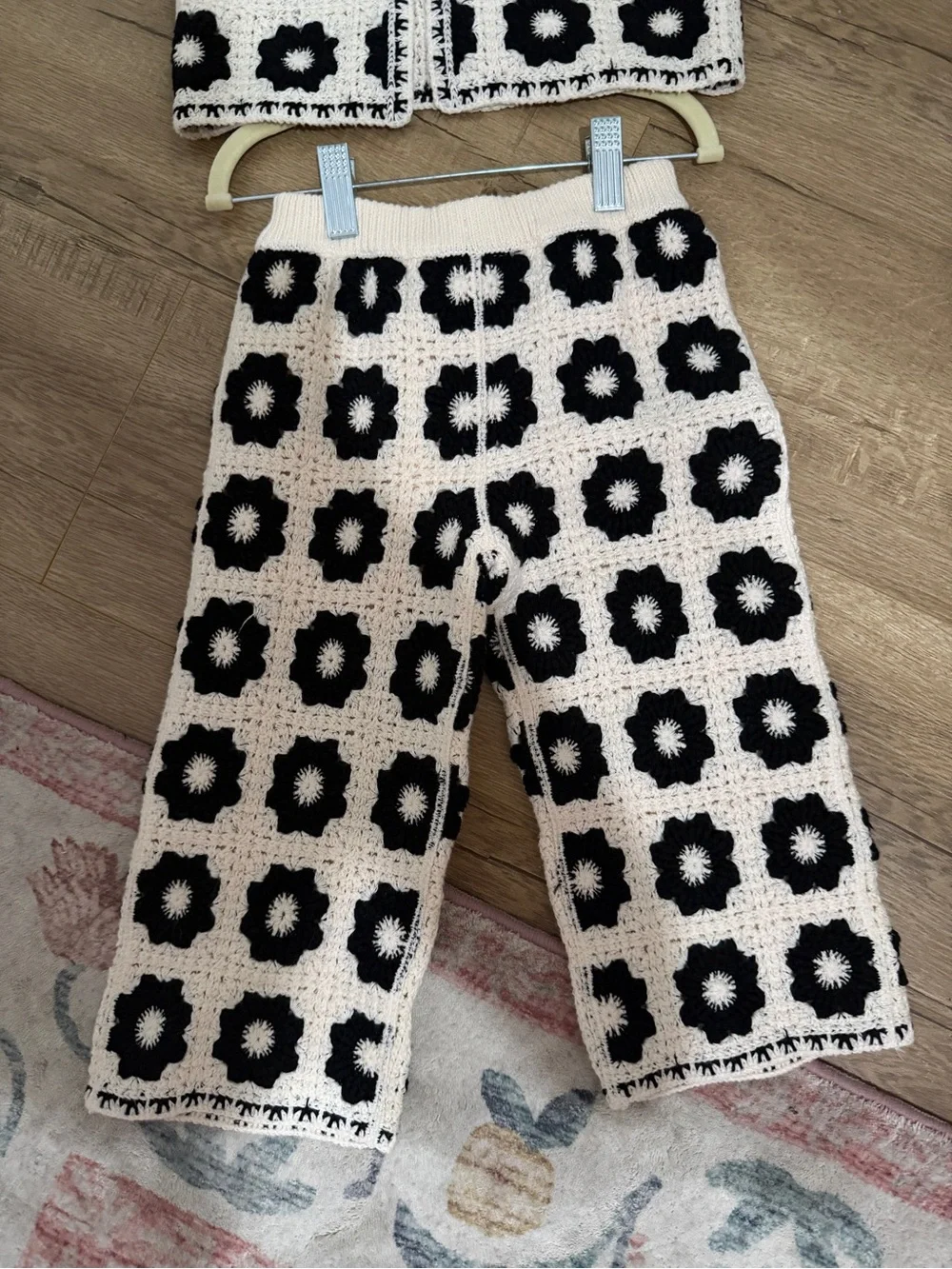 Zara Cream & Black Crochet Floral Vest and Pants Set